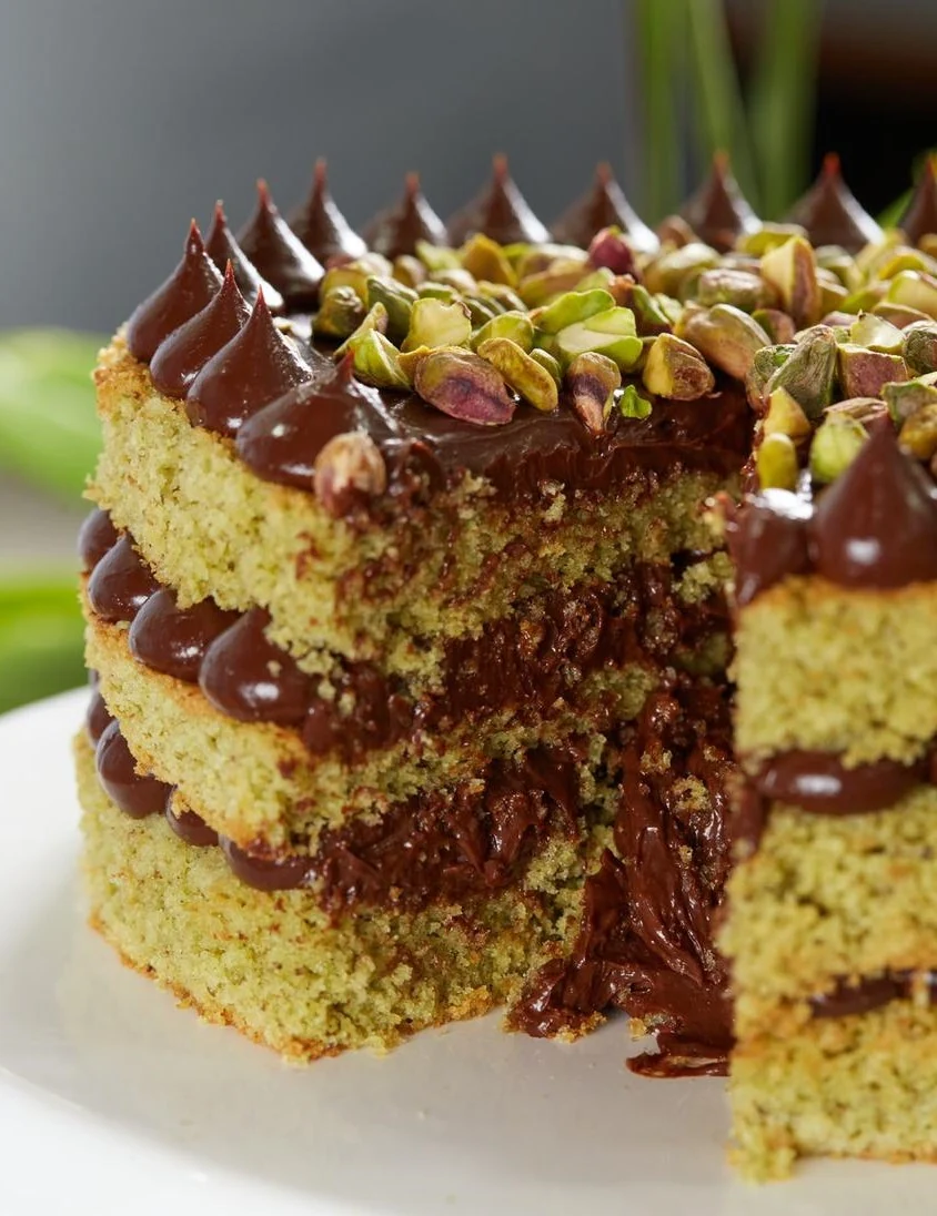 Bolo de pistache cortado, com brigadeiro e pistaches por cima