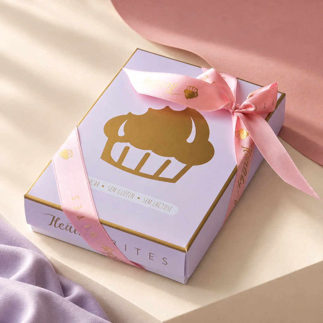 Caixa real Healthy Bites com fita rosa, em composição editorial de papel e tecido lavanda